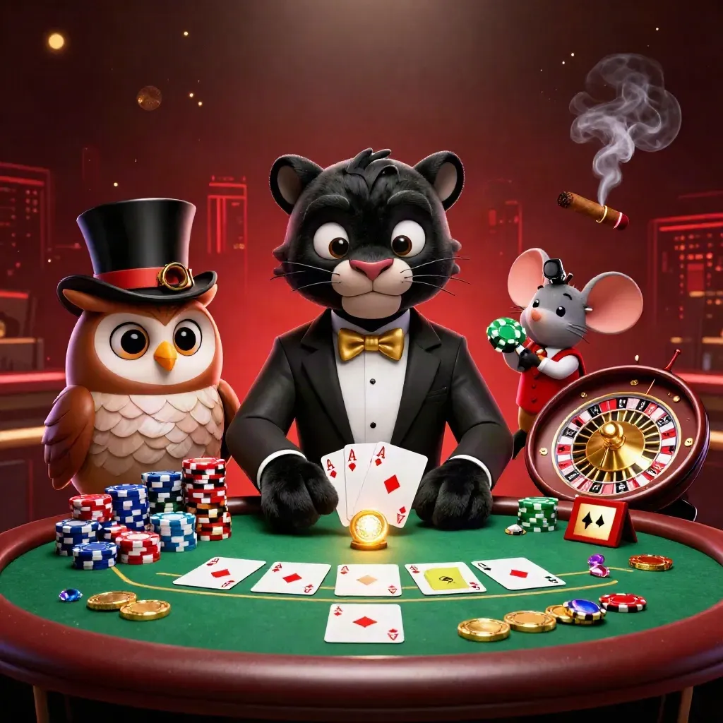 Panther, owl and mouse in a luxe casino scene with chips, cards and glowing gold light.