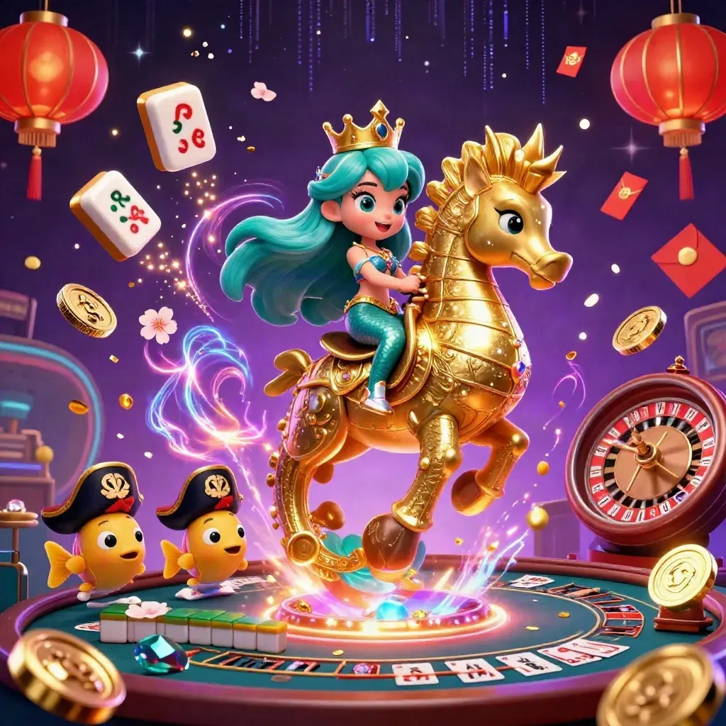 Mermaid princess on armored seahorse in a neon casino fantasy with lanterns, coins, and starry magic.
