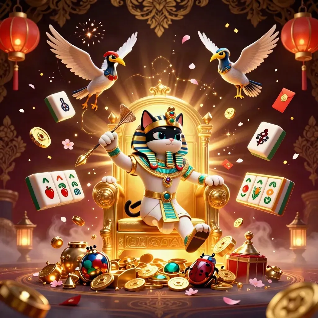 Pharaoh cat, ibis scribe, and gem-wing scarabs burst through treasure on a dark casino backdrop.