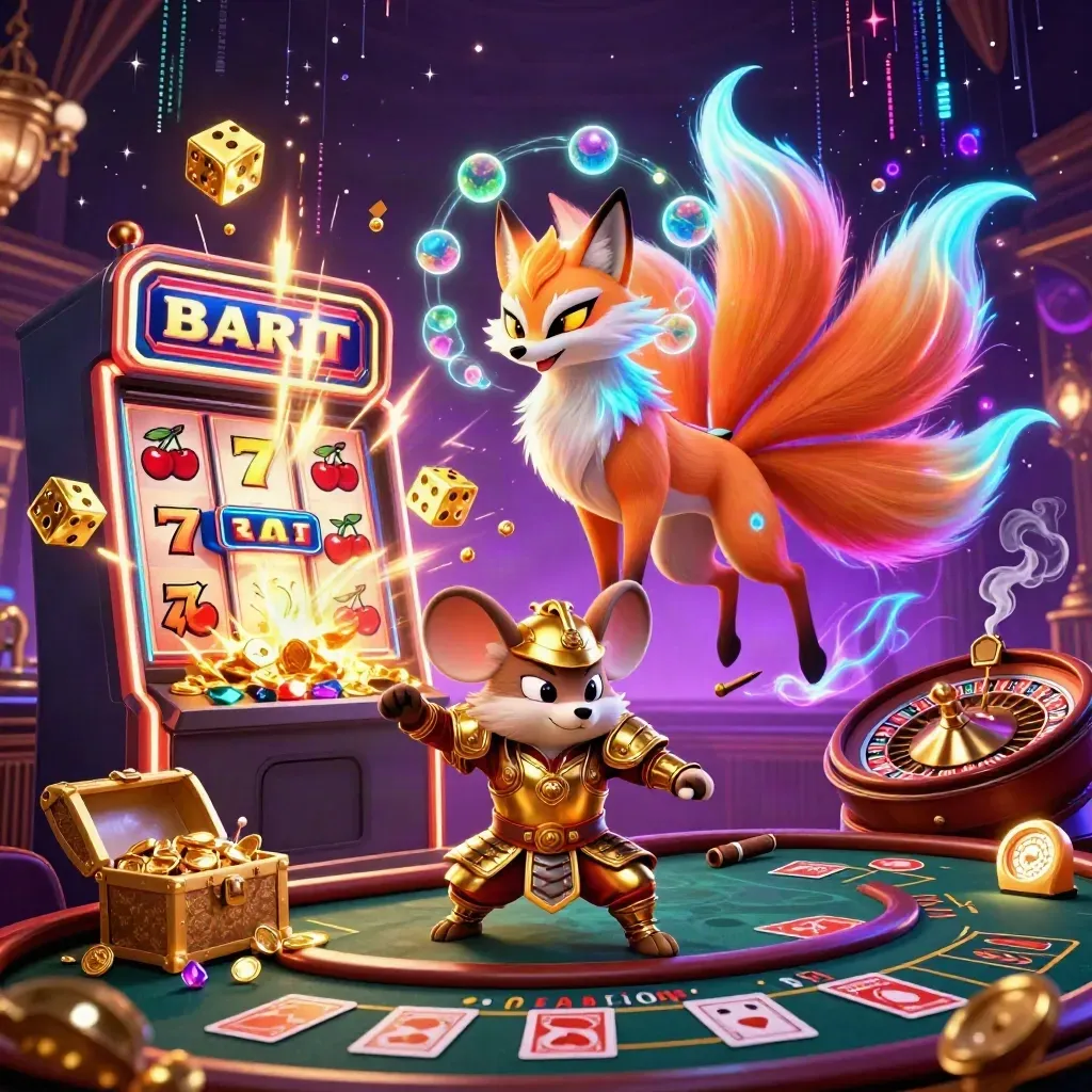 Fox spirit and samurai mouse amid exploding slot reels, gold, and neon casino magic.