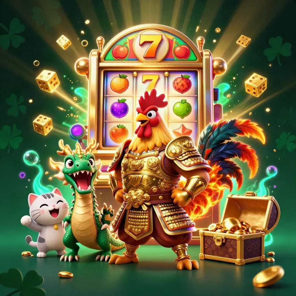 Rooster warrior, spark dragon, and fortune-cat amid exploding slot reels and gold on dark emerald