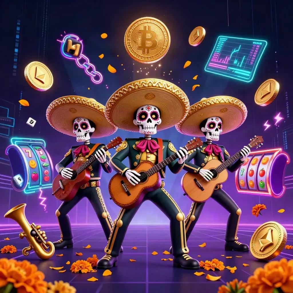 Day-of-the-Dead skeleton mariachi trio amid neon coins, reels, and casino energy